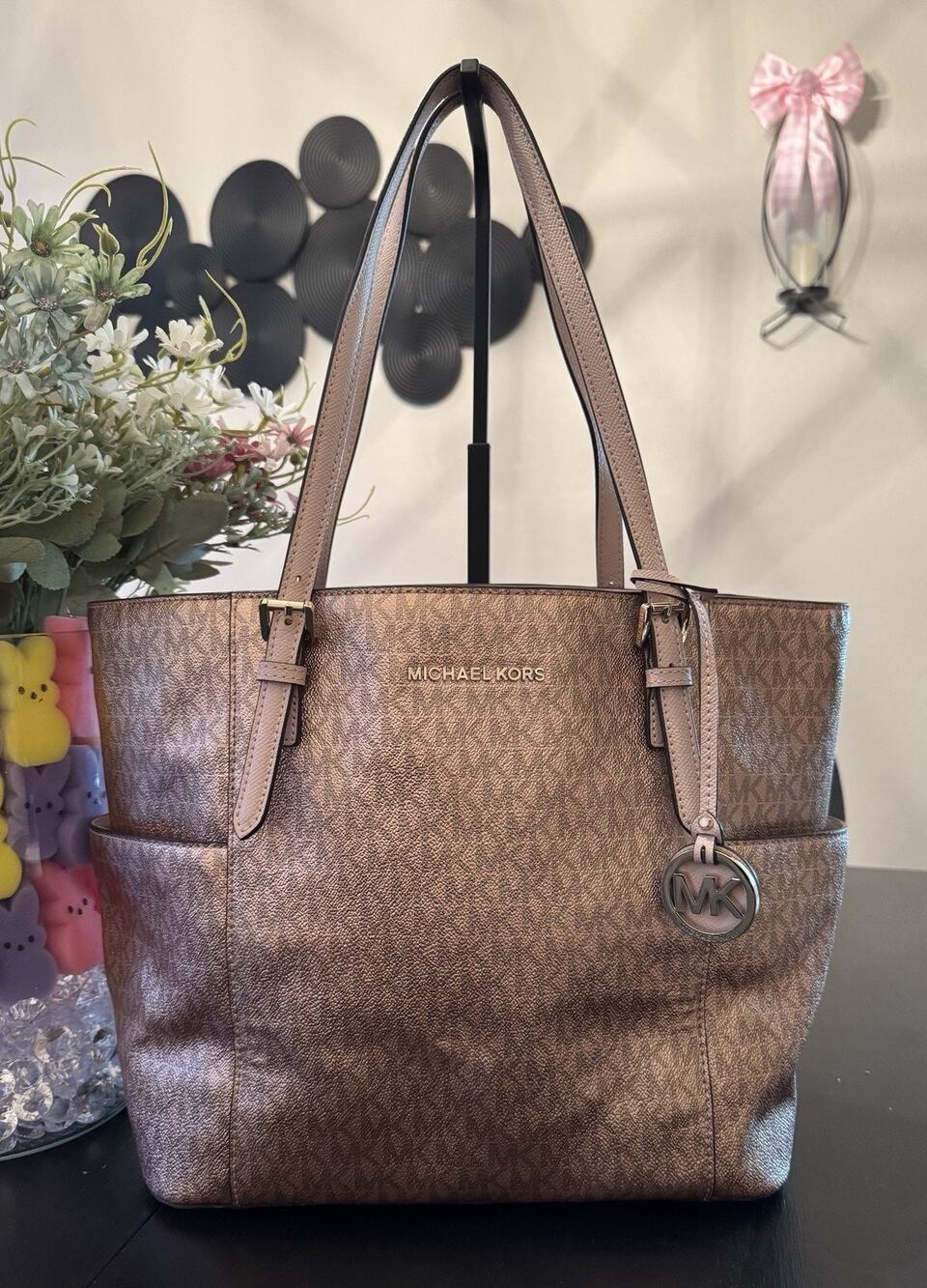 Michael Kors Jet Set Travel Large Tote Bag In Metallic Rose Gold